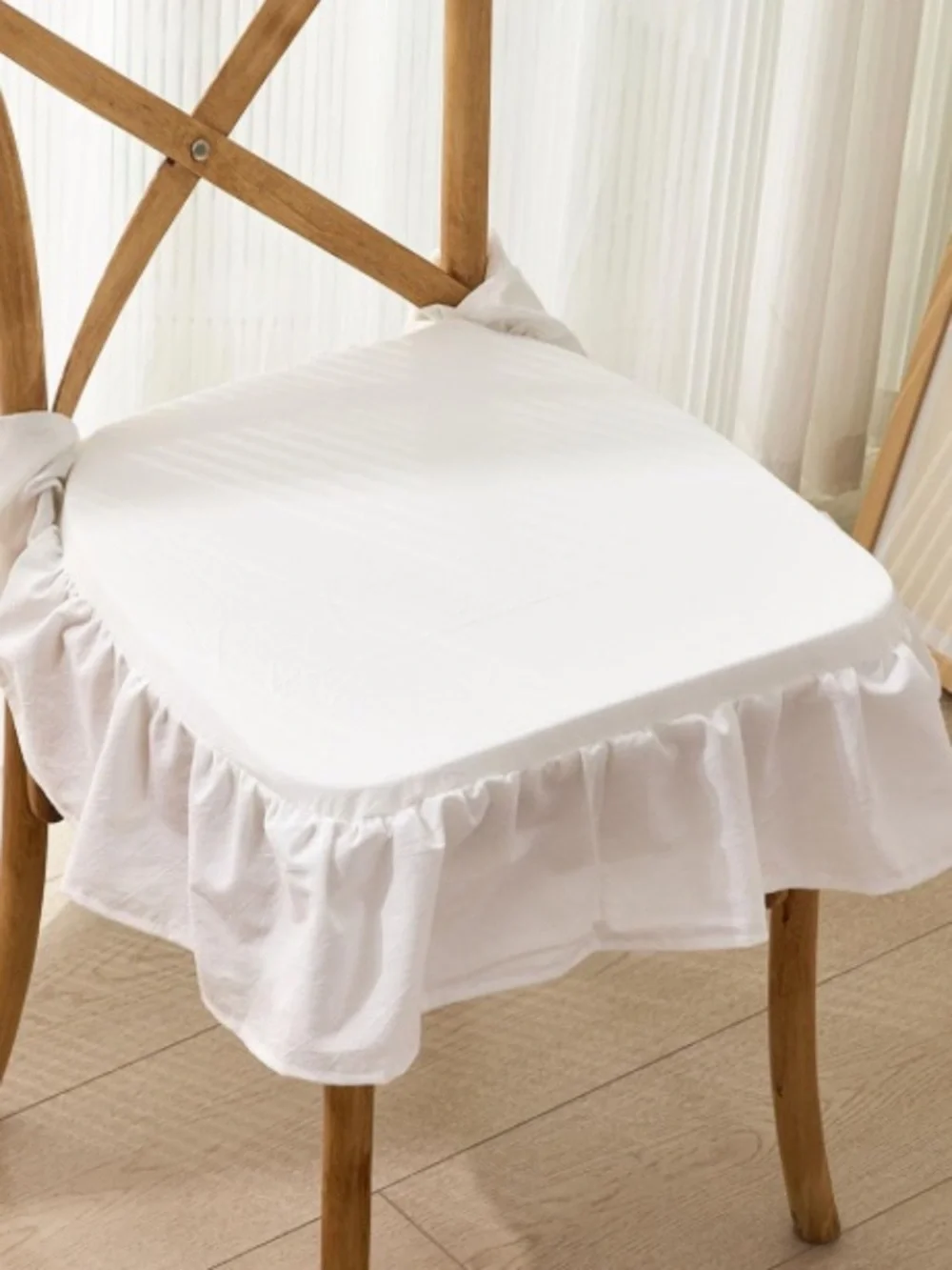 Farmhouse Neutral Thin Chair Cushion with Removable Ruffle Cover 16x16” WHITE